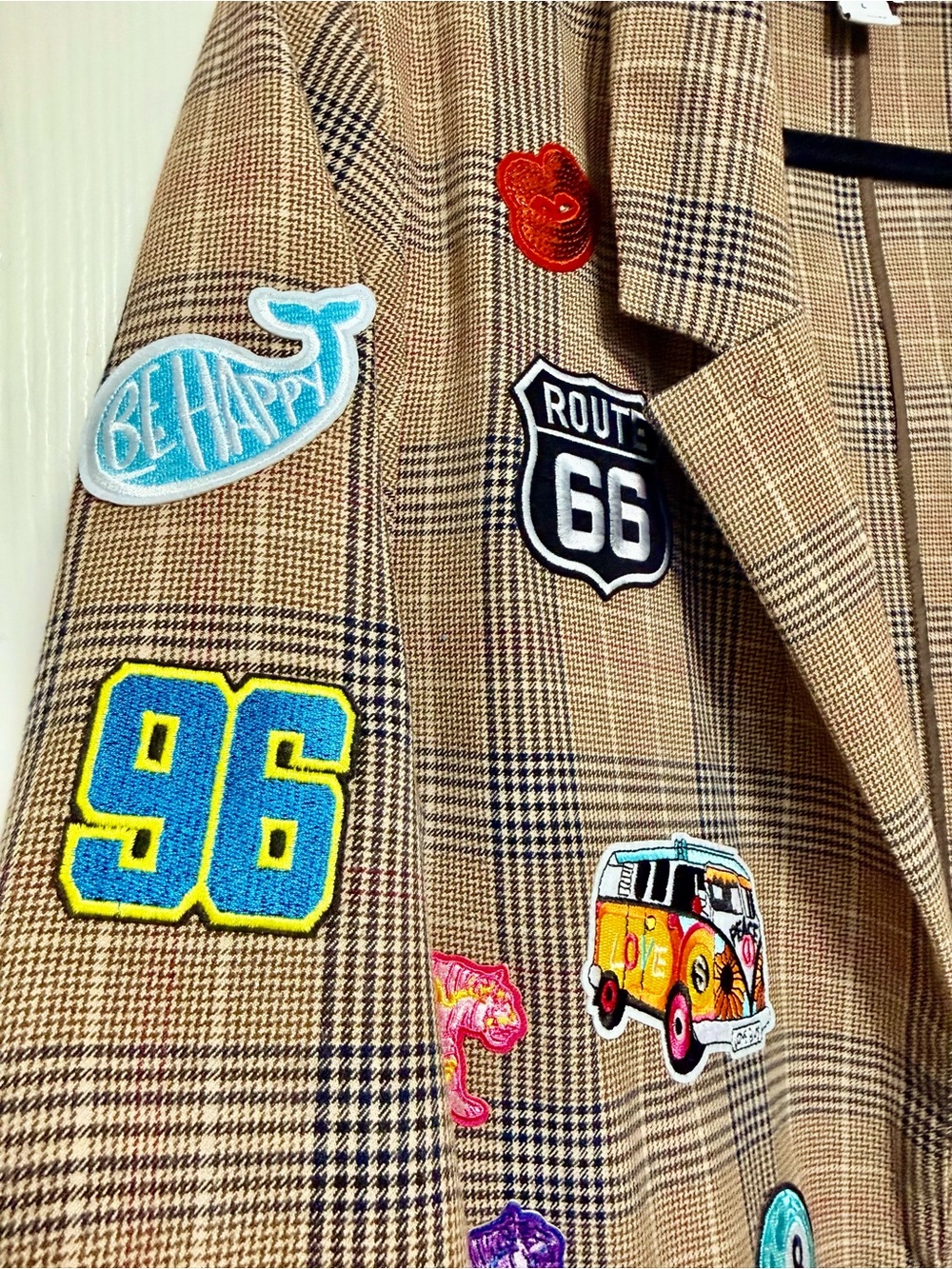 Old Navy Tan Plaid Blazer with Colorful Patchwork - Picture 6 of 12